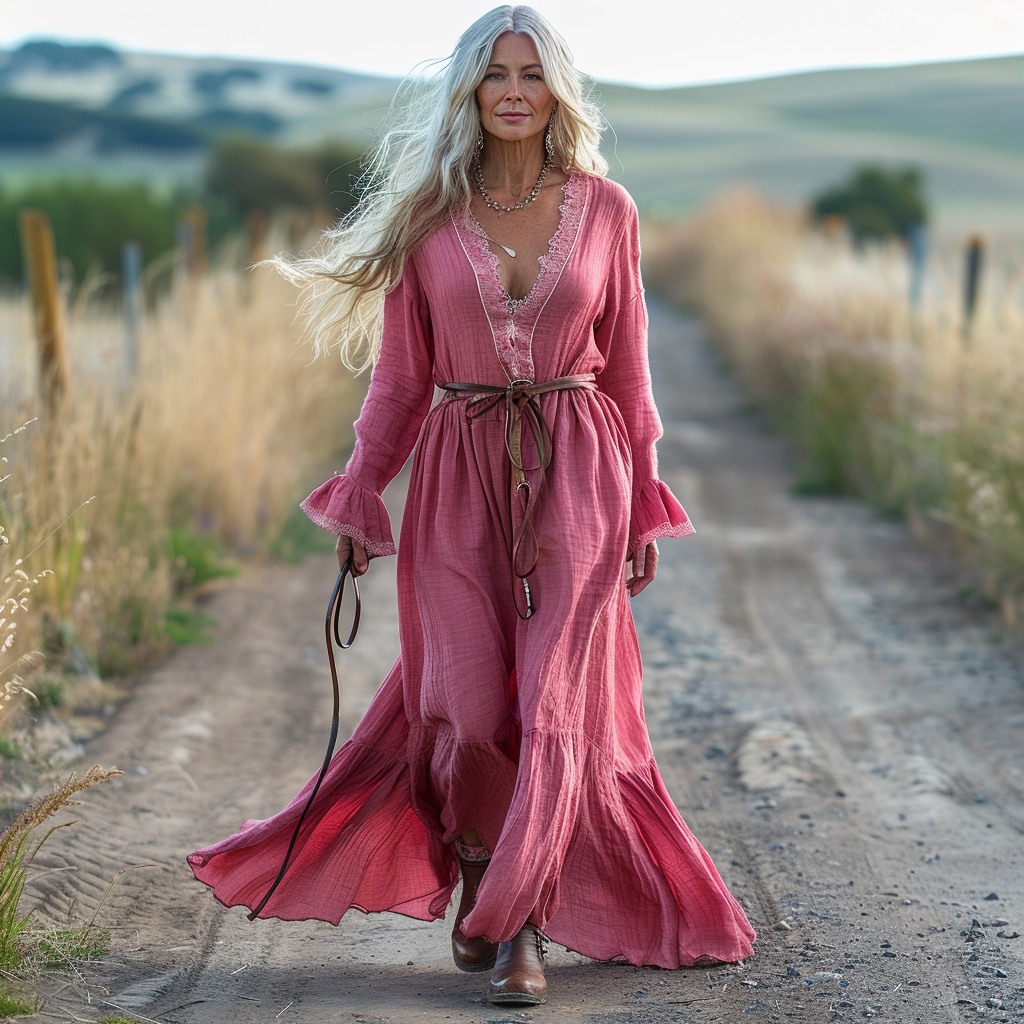 Women's Vintage Pastoral Style V-neck Linen Long-sleeve Maxi Long Dress