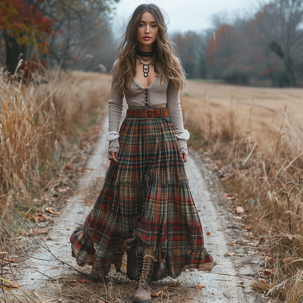 Women's Retro Plaid V-neck Long-sleeve Long Skirt Pastoral Style Maxi Long Dress