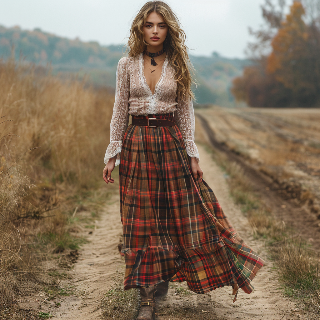 Women's Retro Plaid V-neck Long-sleeve Long Skirt Pastoral Style Maxi Long Dress