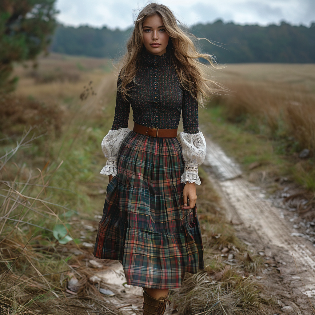 Women's Retro High Neck Long-sleeve Long Skirt Plaid Pastoral Style Maxi Long Dress