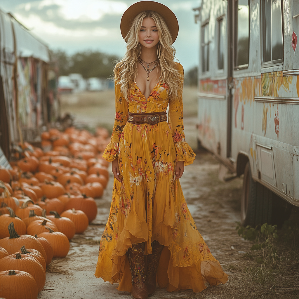 Vintage Cowgirl Style Halloween Floral Dress