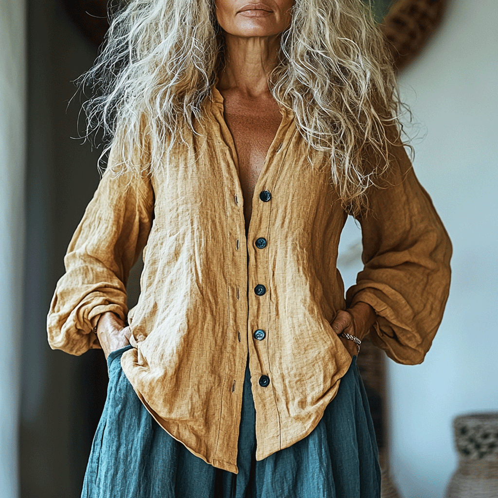 Women's Linen Bohemia Style Plain Long-sleeved Breathable Top Shirt