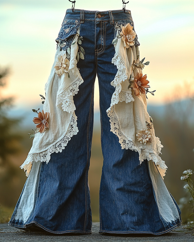 Summer Ruffle Linen Lace Splicing Denim Embroidery Pants 8b4c