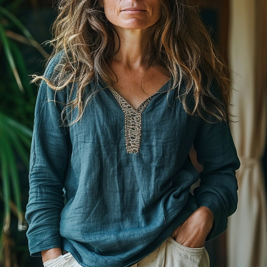 Women's Bohemian Linen V-neck Loose Long-sleeve Top Shirt