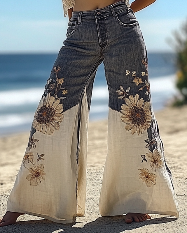 Summer vacation handmade floral embroidery denim patchwork pants e7dd