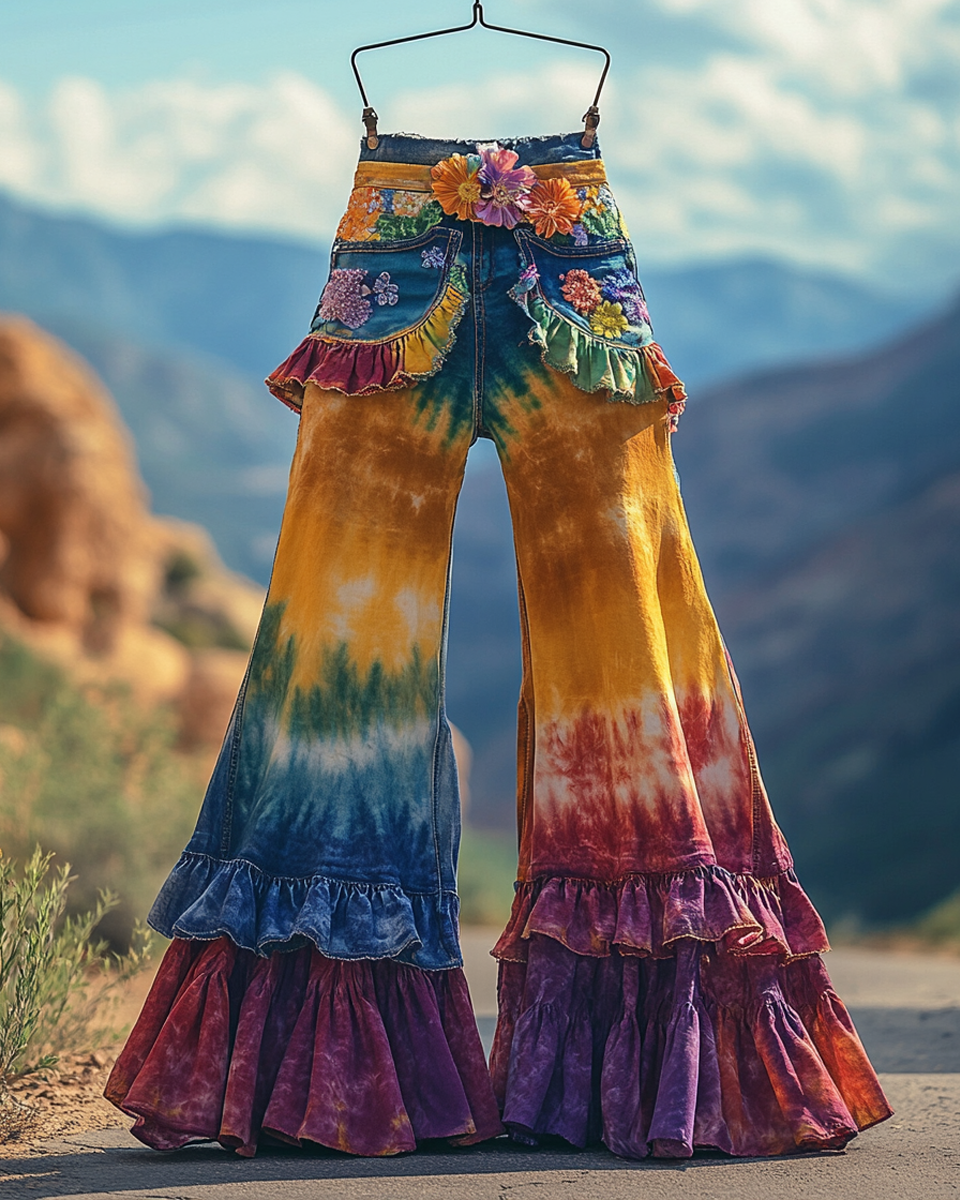 Summer ruffled denim cotton and linen patchwork contrast color pants 9428