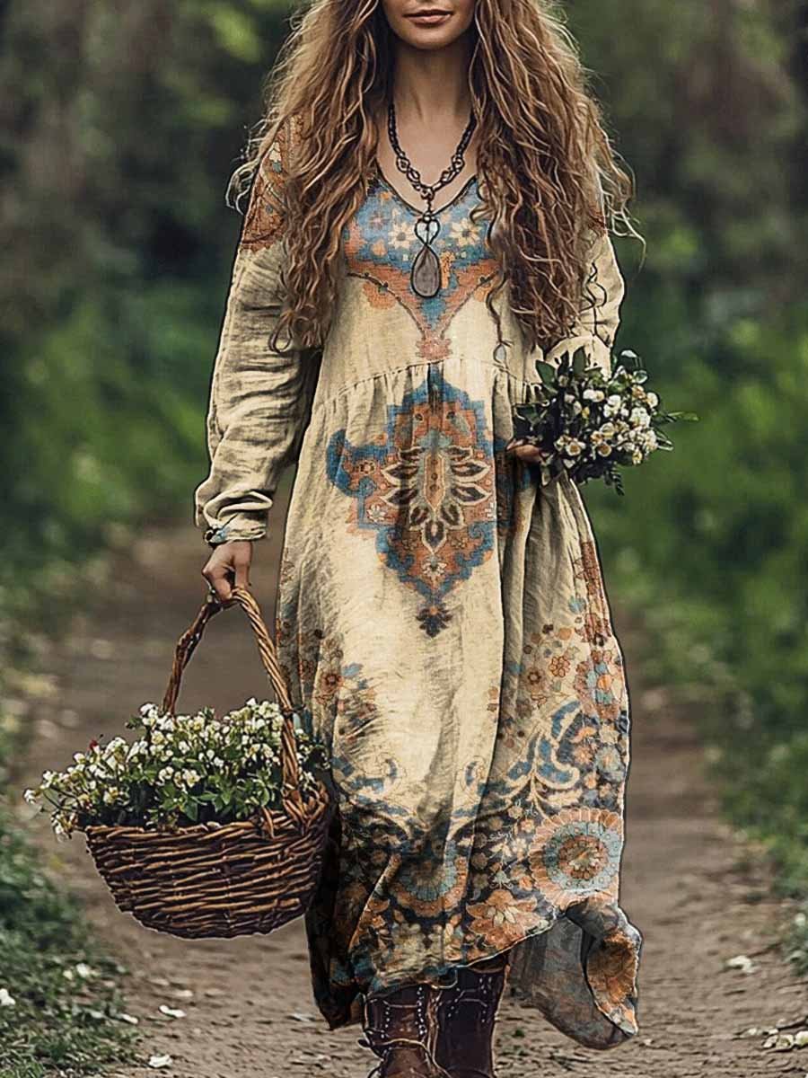 Women's Ethnic Flower Art Prints V Neck Pocket Cotton Dress