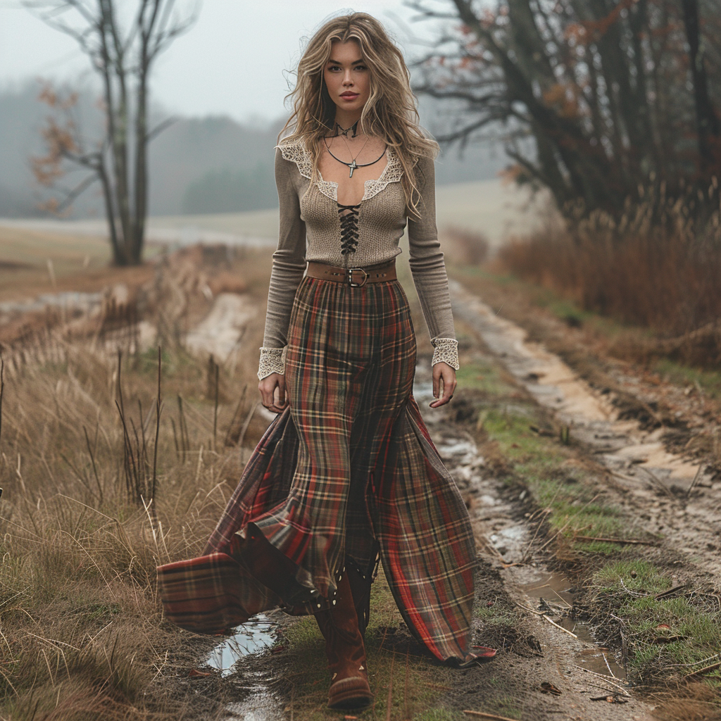 Women's Retro Plaid V-neck Long-sleeve Long Skirt Pastoral Style Maxi Long Dress