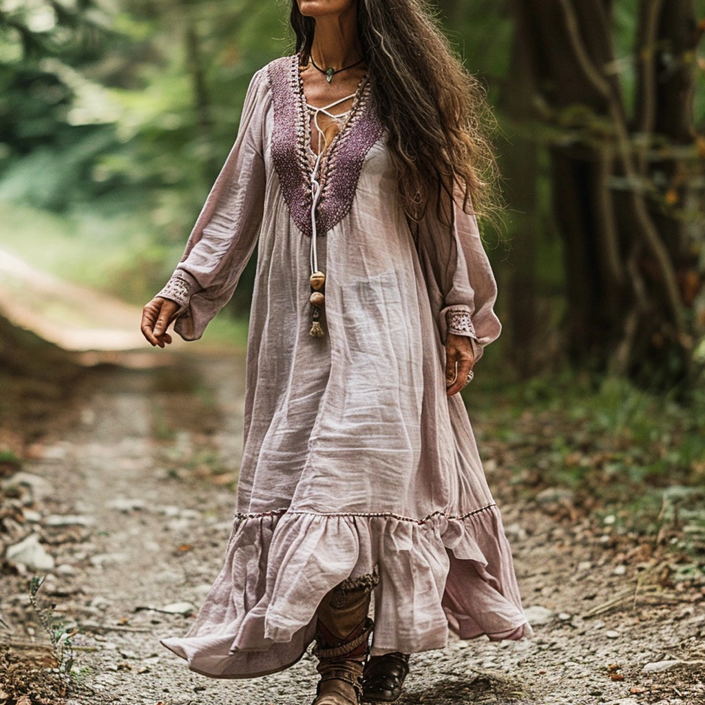 Women's Linen Bohemian Long-sleeve Maxi Long Dress