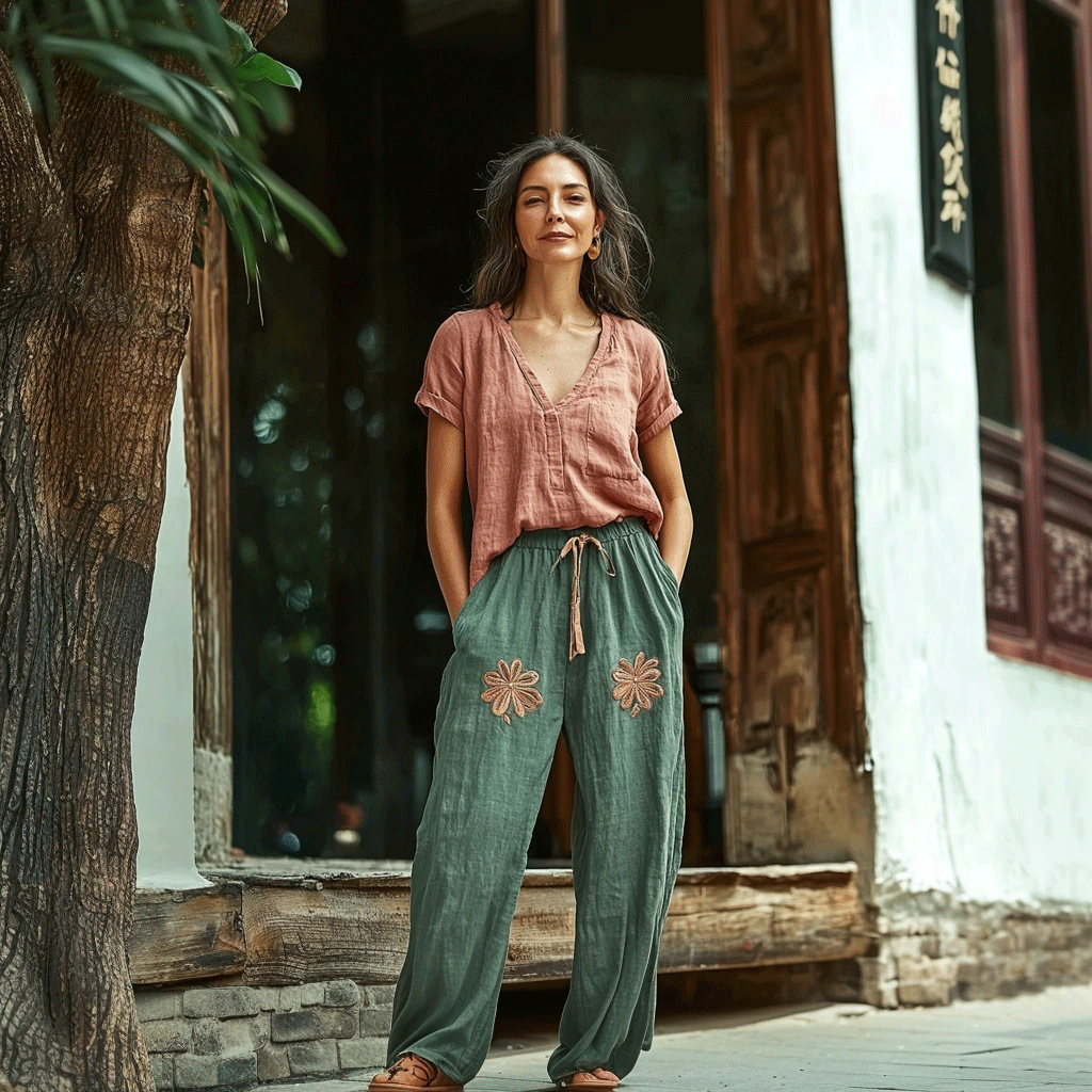 Women's Linen Bohemian Style Wide-leg Trousers Pants