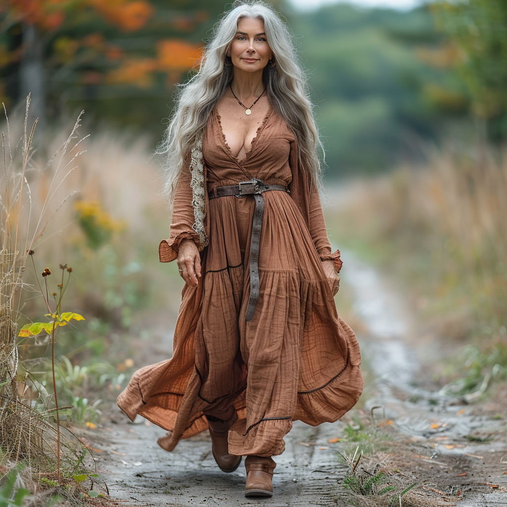 Women's Vintage Pastoral Style V-neck Linen Long-sleeve Maxi Long Dress