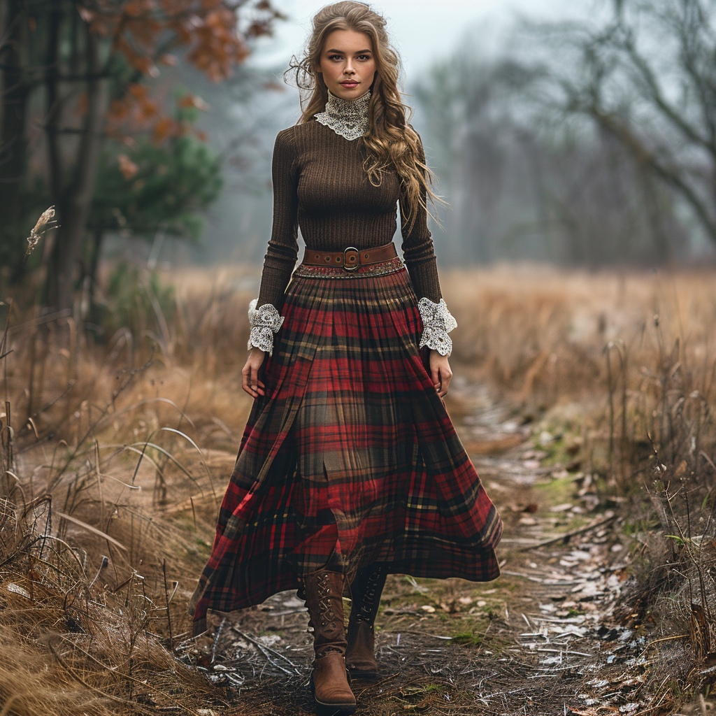 Women's Retro High Neck Long-sleeve Long Skirt Plaid Pastoral Style Maxi Long Dress