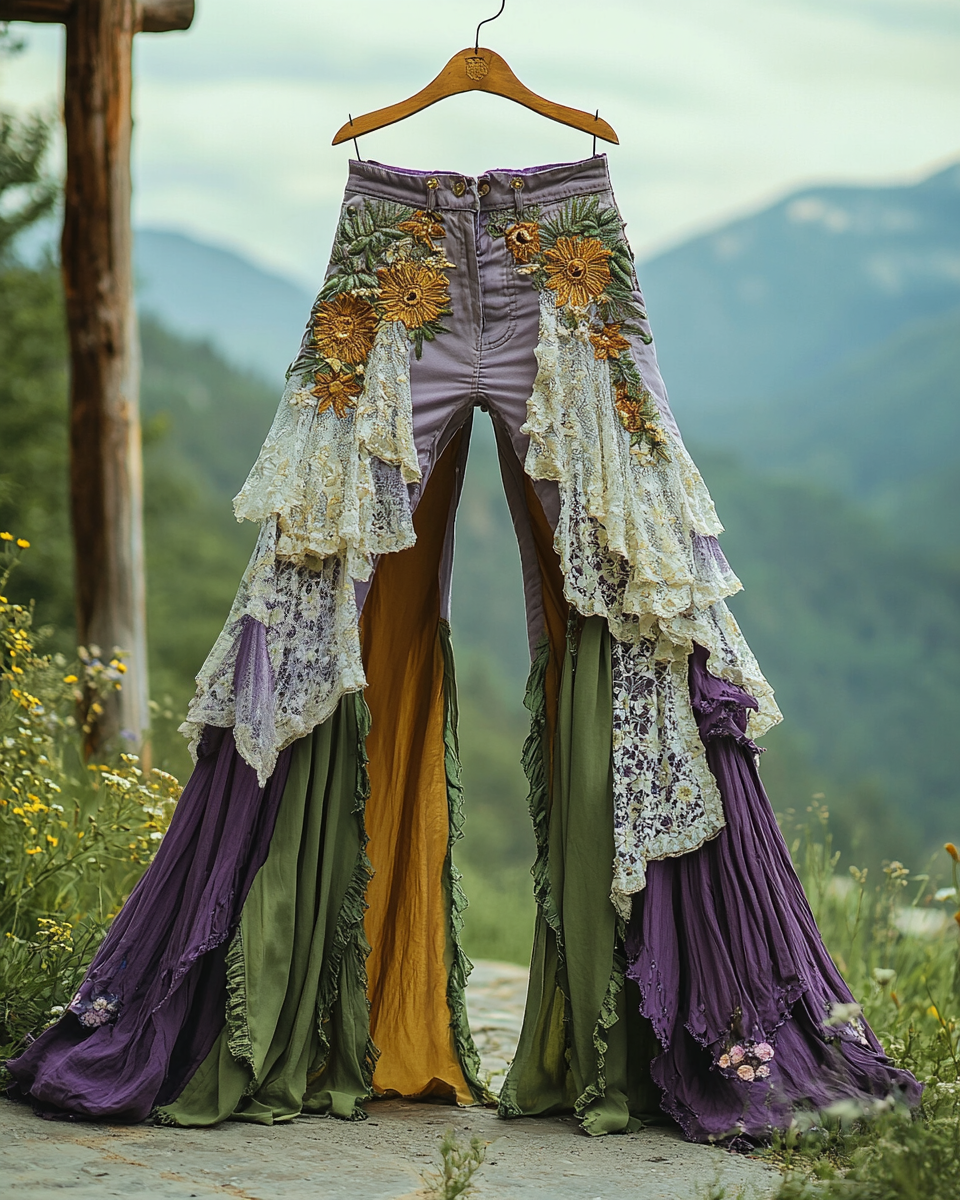 Summer ruffled denim cotton and linen patchwork contrast color pants f998