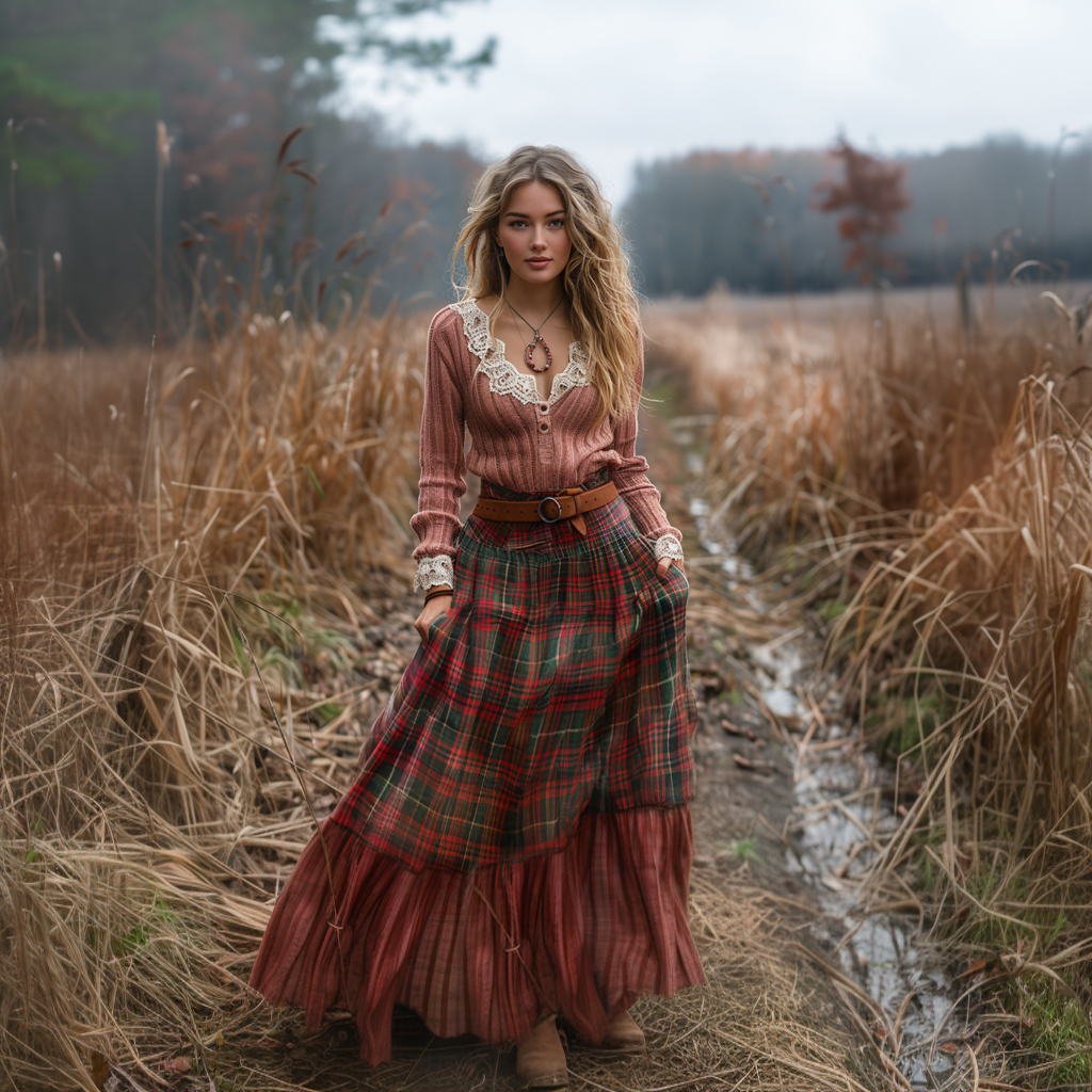 Women's Retro Plaid V-neck Long-sleeve Long Skirt Pastoral Style Maxi Long Dress