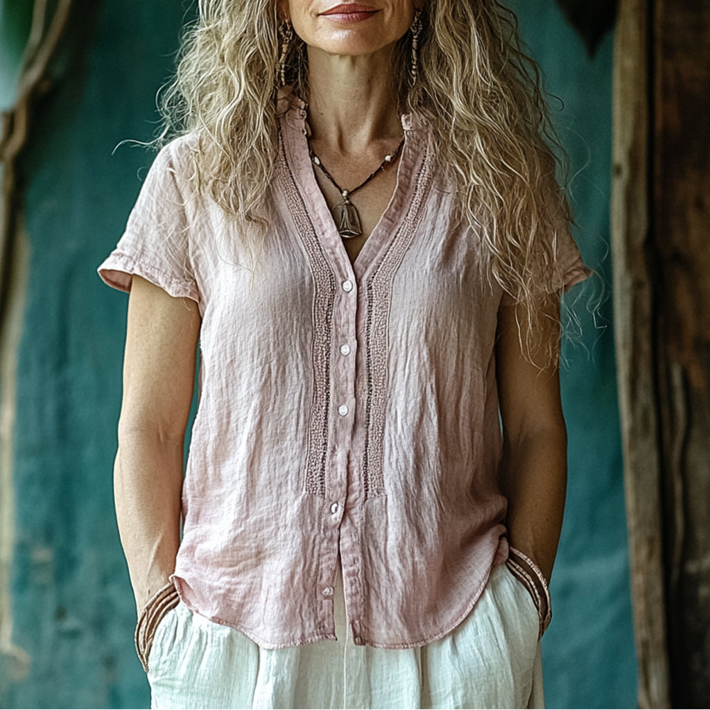 Women's Casual Bohemia Linen Style Short-sleeved Top Shirt
