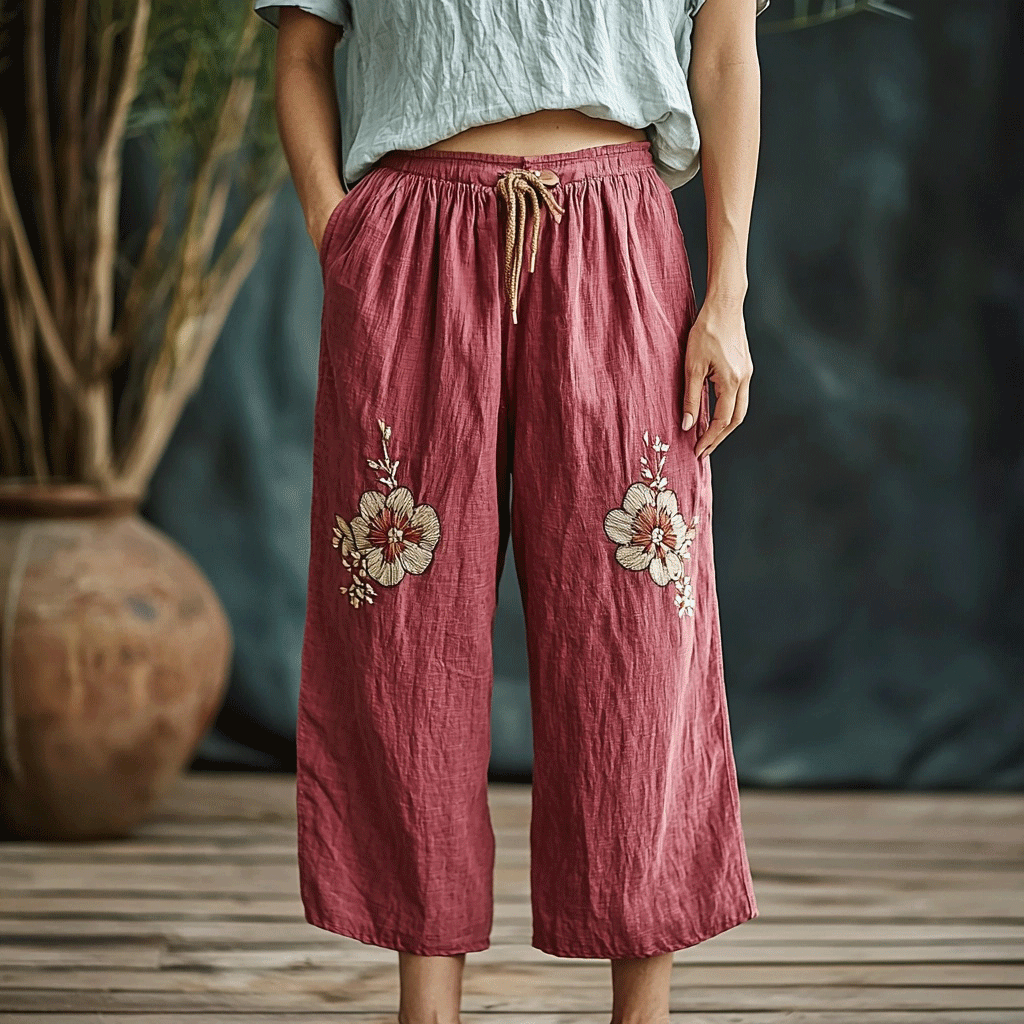 Women's Linen Bohemian Cropped Wide-leg Trouser Pants