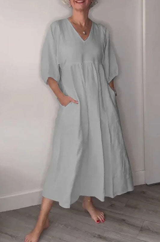 Women's V-neck Solid Color Mid-length Sleeve Cotton and Linen Dress