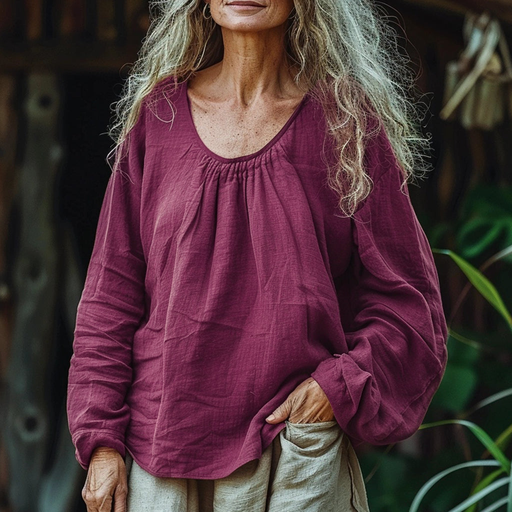 Women's Bohemian Linen Simple Casual Loose Long-sleeve Top Shirt