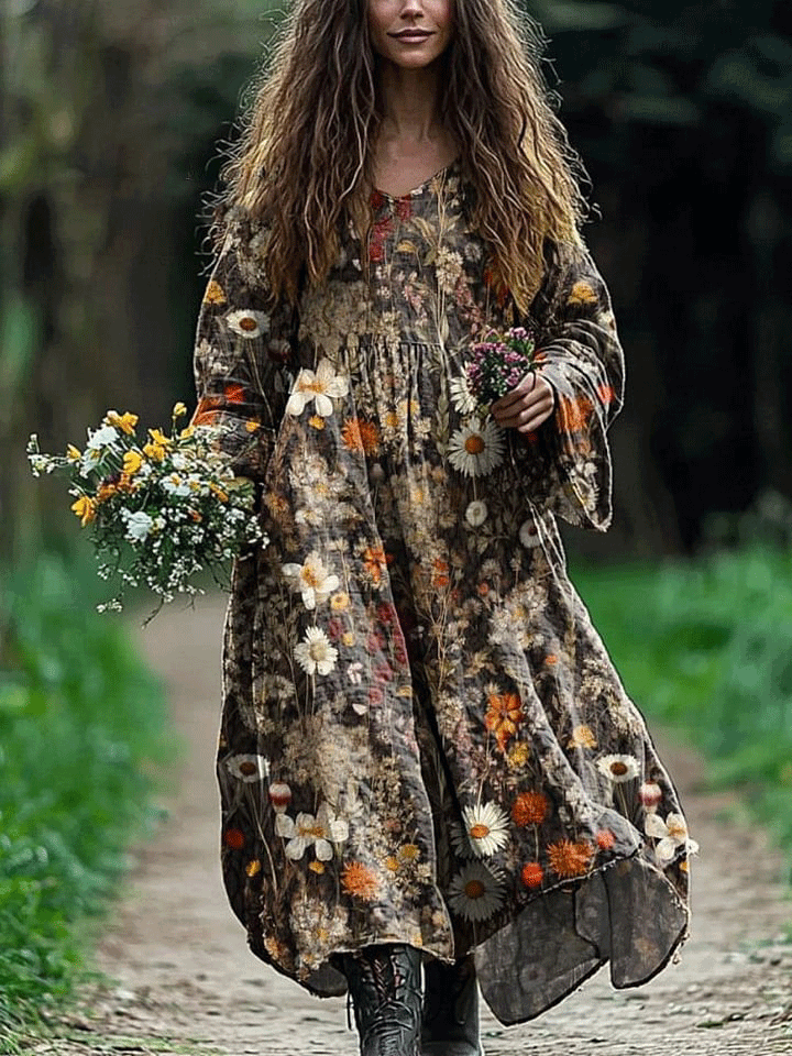 Women's Vintage Lovely Floral Art Print Pocket Cotton Dress