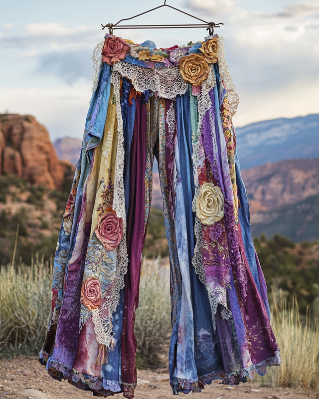 Summer ruffled cotton and linen patchwork contrast color pants 880e