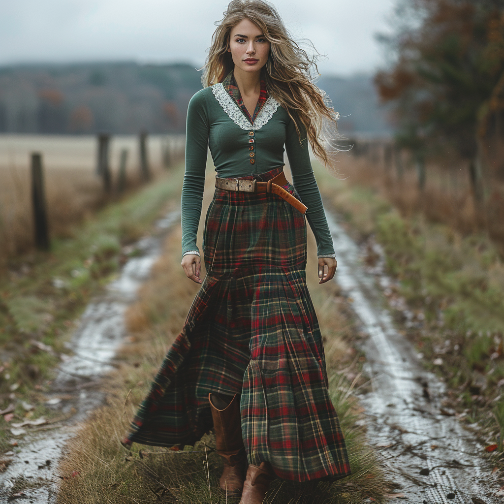 Women's Retro Plaid V-neck Long-sleeve Long Skirt Pastoral Style Maxi Long Dress