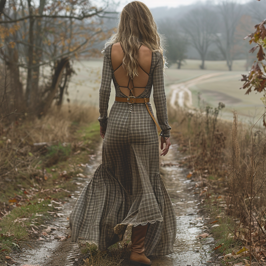 Women's Retro Pastoral Style Plaid Long-sleeve Sexy Maxi Long Dress