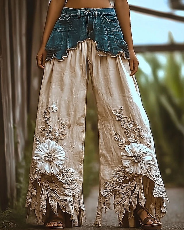 Vintage Loose Casual Denim Splicing Pants 7a76