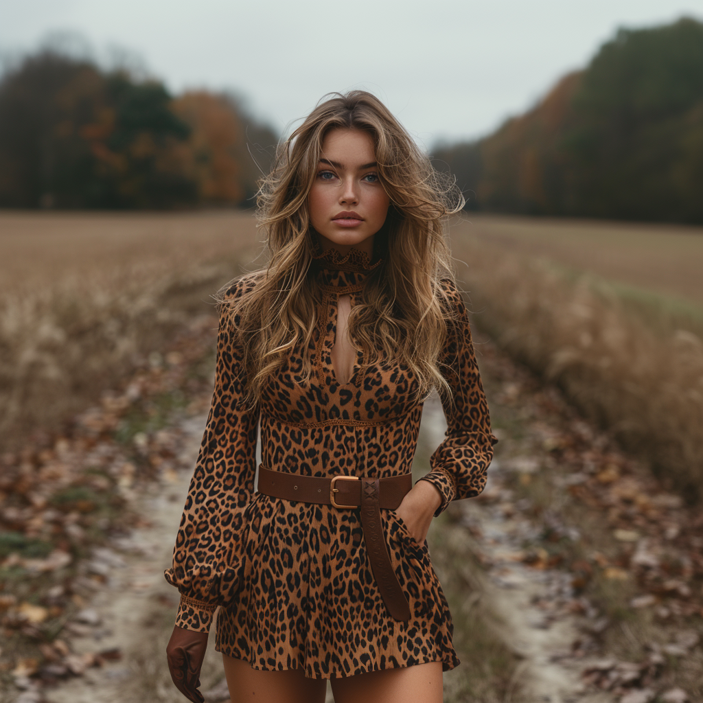 Women's Retro Pastoral Leopard Style Long-sleeve Short Skirt Dress