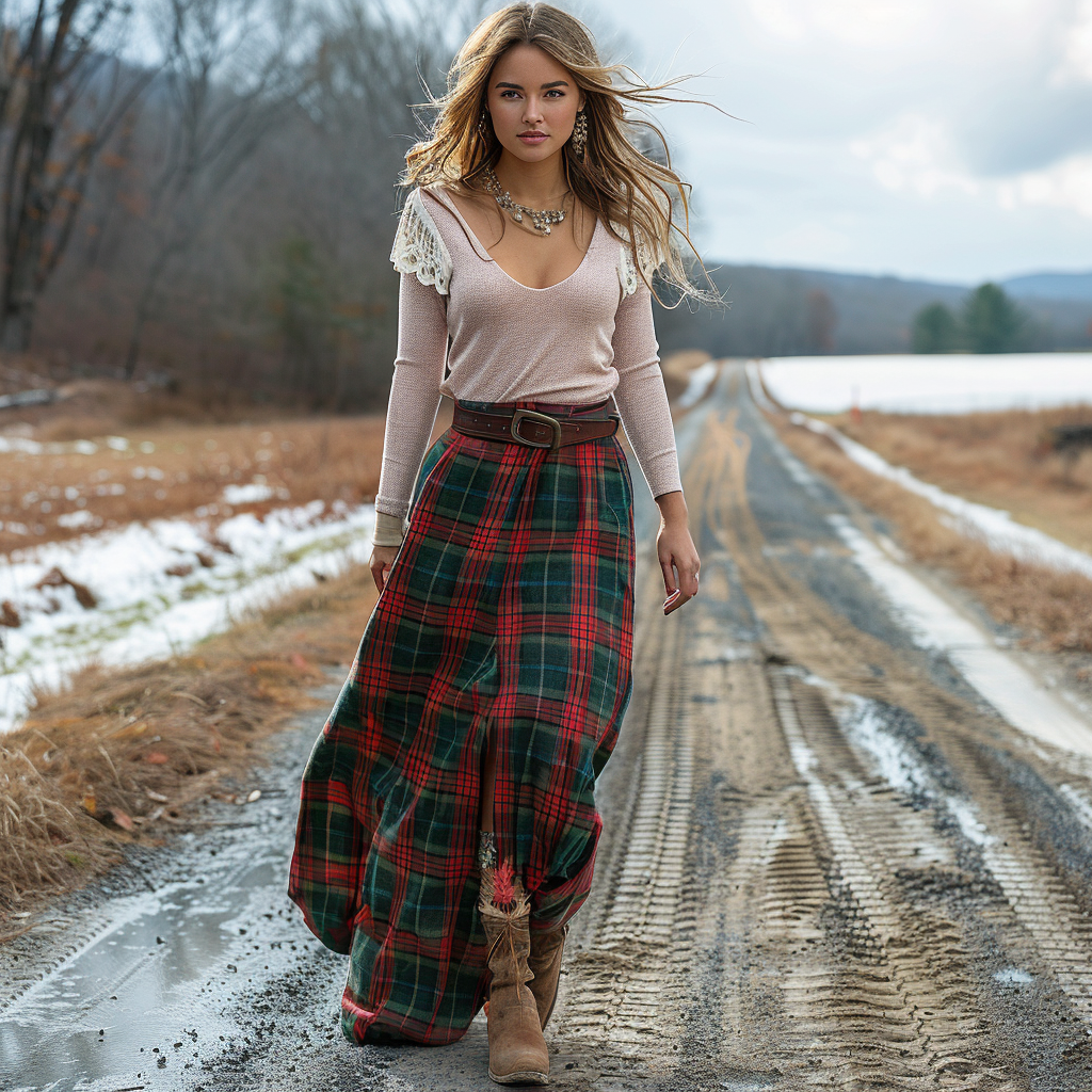 Women's Retro Plaid V-neck Long-sleeve Long Skirt Pastoral Style Maxi Long Dress
