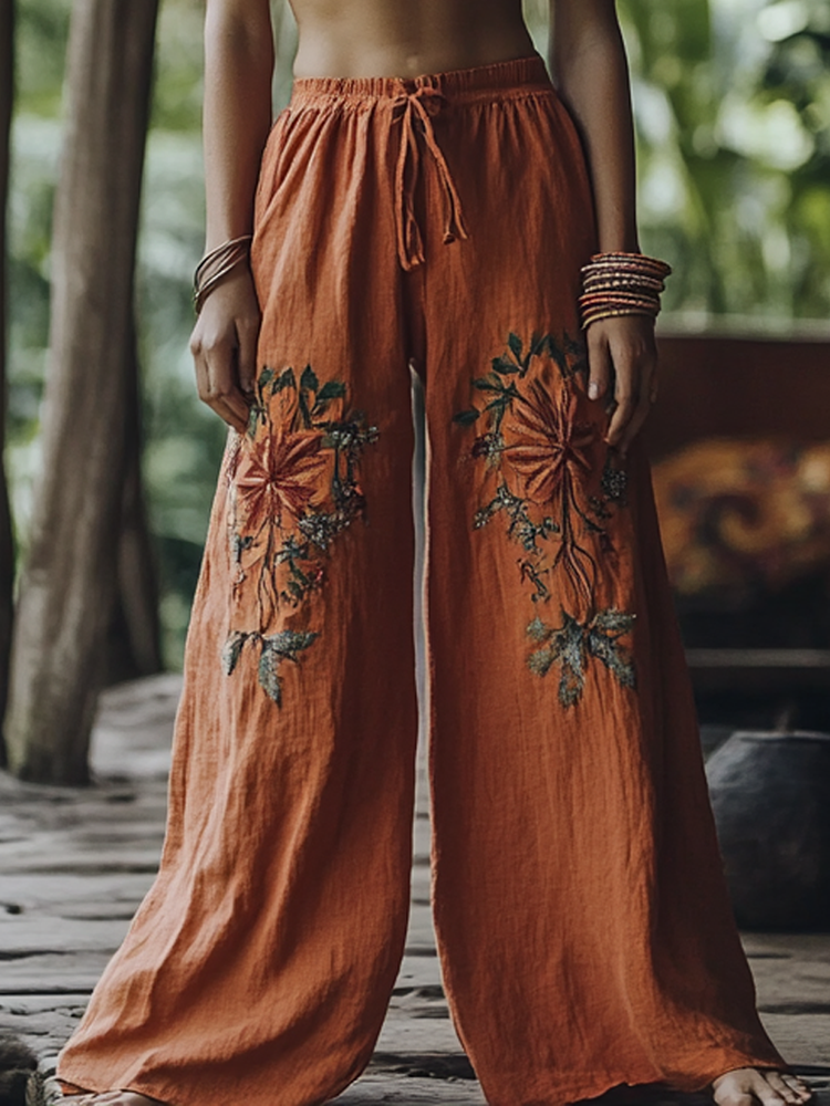 Bohemian Holiday Style Retro Linen Floral Ethnic Totem Print Linen Long Loose Wide-leg Pants e5c9