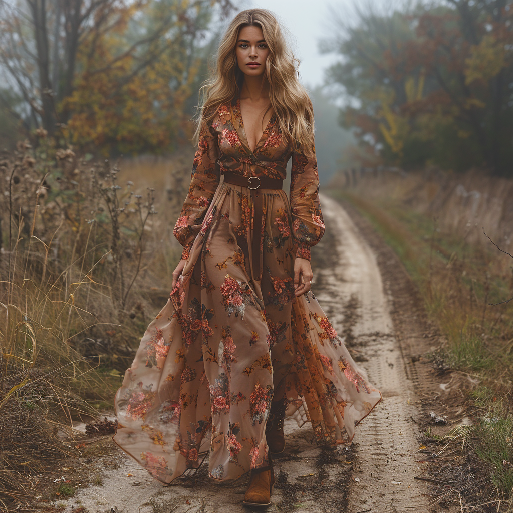 Women's Vintage Country Pastoral Linen Style Long-sleeve Maxi Long Dress