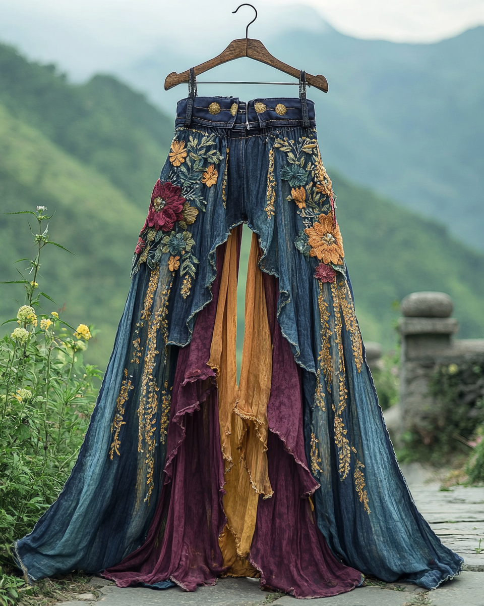 Summer ruffled denim cotton and linen patchwork contrast color pants 6e2d