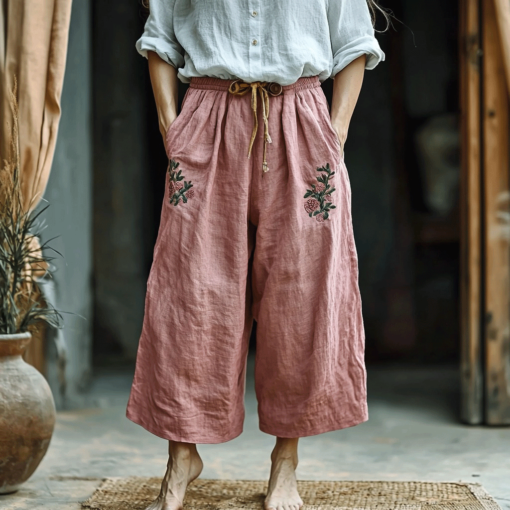 Women's Linen Bohemian Breathable Wide-leg Casual Cropped Trouser Pants