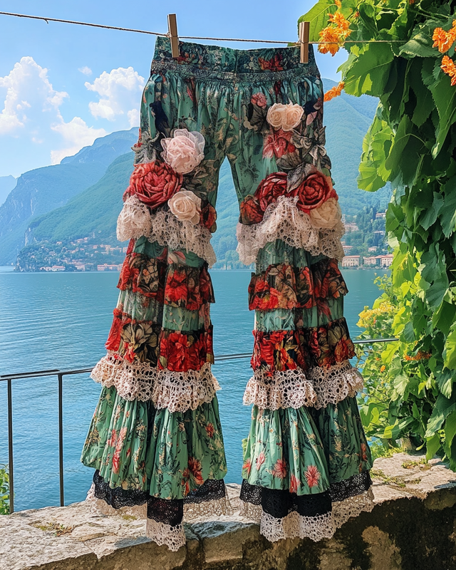 Summer ruffled cotton and linen patchwork contrast color pants b1cd