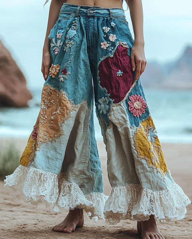 Summer Vacation Lace Handmade Floral Embroidery Pants 45bf