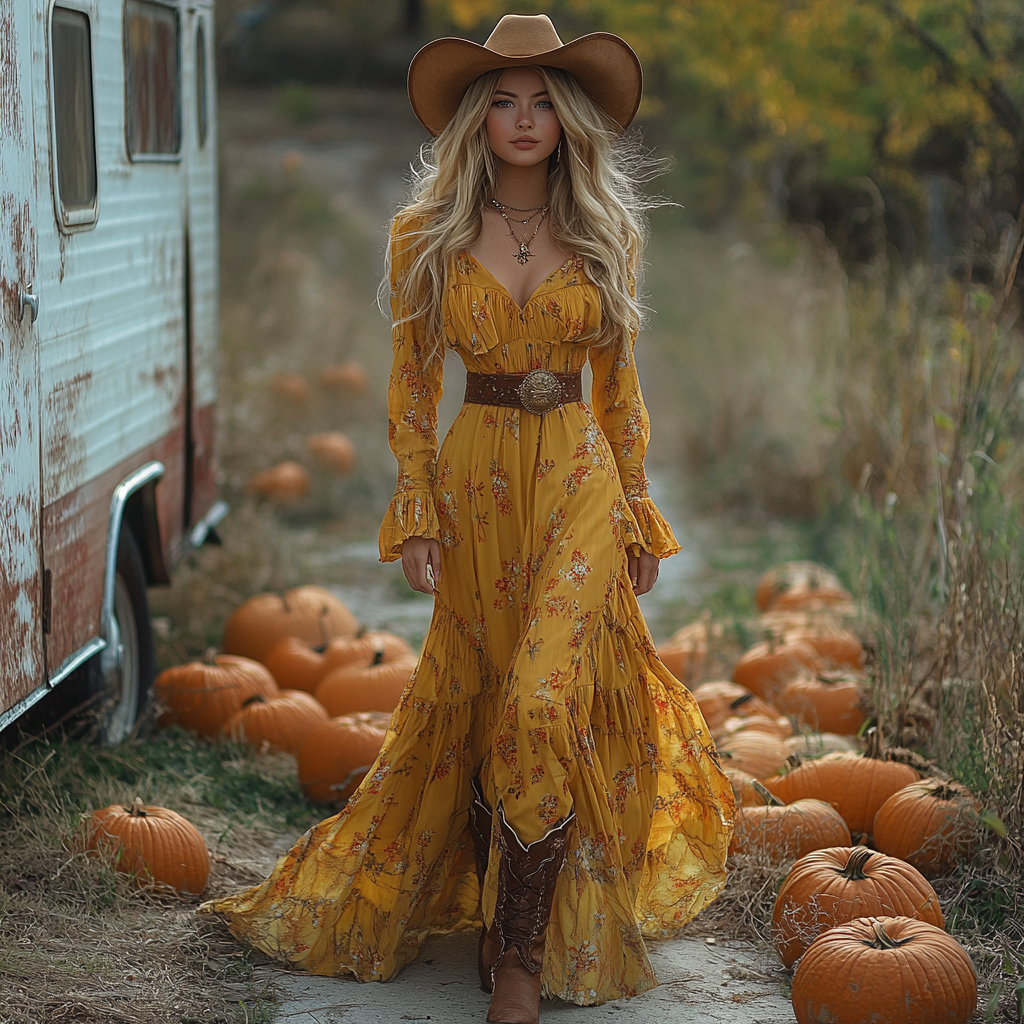 Vintage Cowgirl Style Halloween Floral Dress