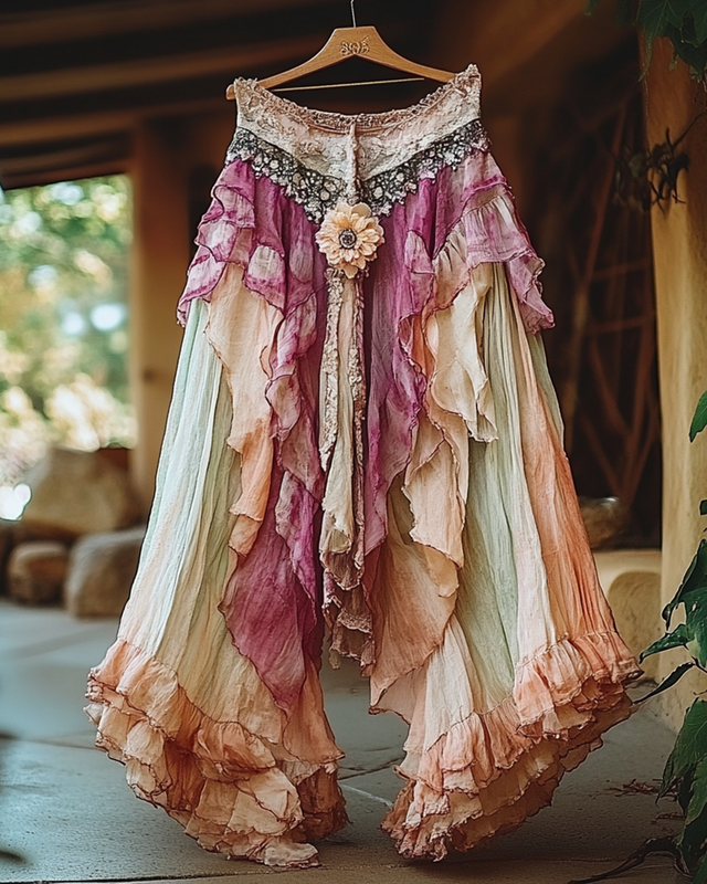 Summer Holiday Ruffle Color Gradient Splicing Linen Pants 2721