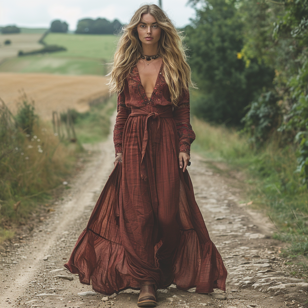 Women's Vintage V-neck Bohemian Pastoral Style Long-sleeved Maxi Long Dress