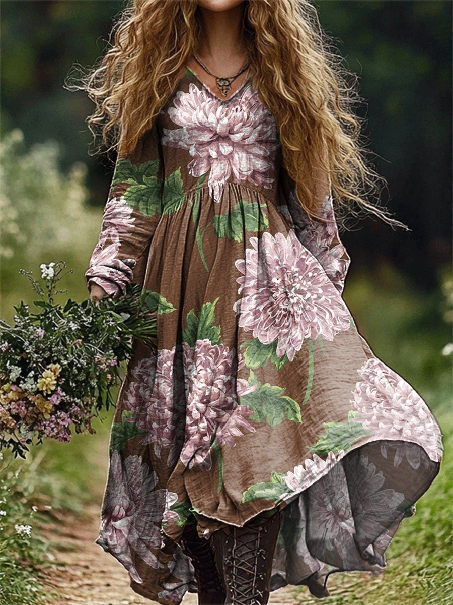 Women's Vintage Floral Art Print Pocket Cotton Dress