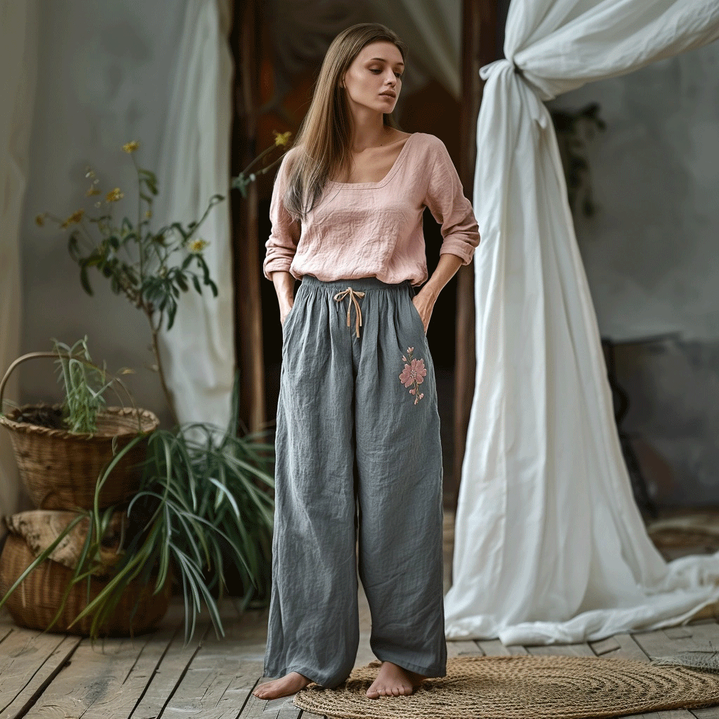 Women's Linen Bohemian Style Cropped Wide-leg Trousers Pants
