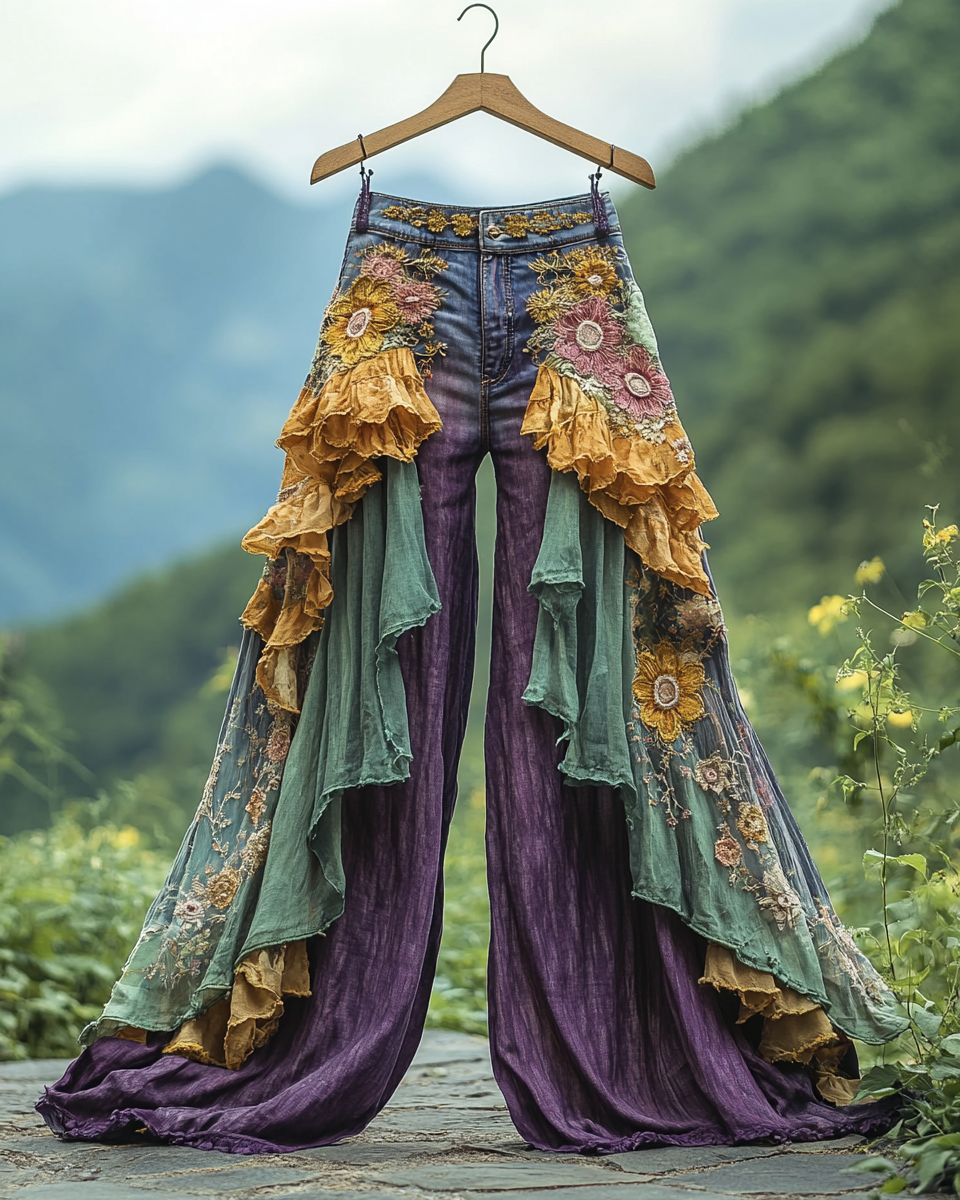 Summer ruffled denim cotton and linen patchwork contrast color pants d6bb