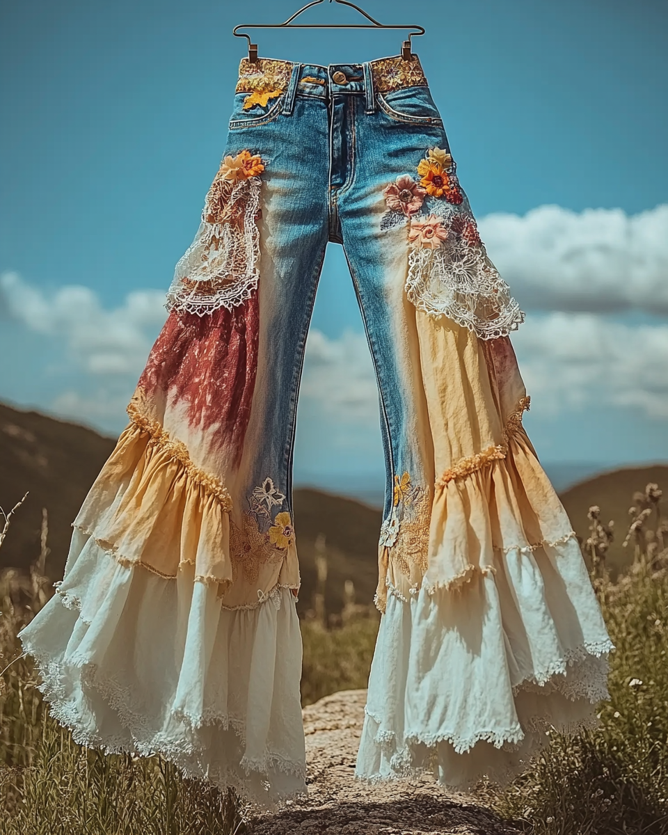 Summer ruffled denim cotton and linen patchwork contrast color pants 36ea