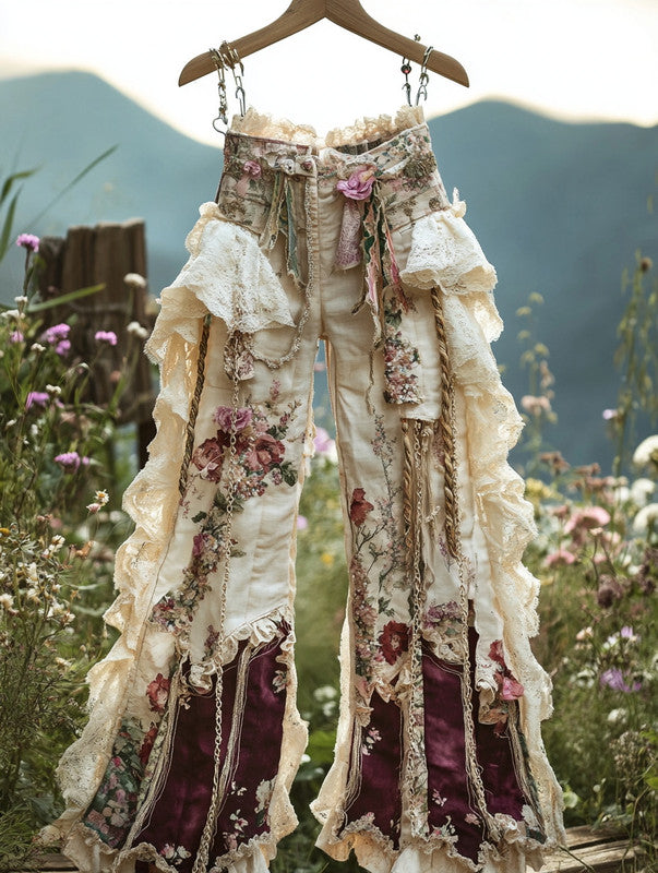 Summer Holiday Lace Hand-Embroidered Patchwork Pants a011