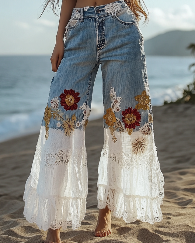 Summer Vacation Handmade Floral Embroidery Pants 3573