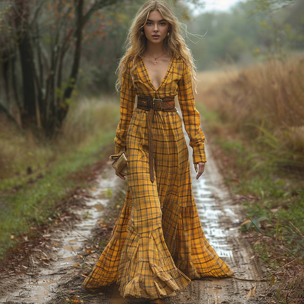 Women's Vintage V-neck Bohemian Pastoral Style Long-sleeve Maxi Long Dress