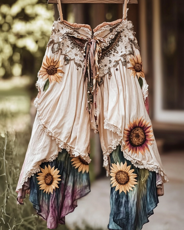 Summer Embroidered Ruffle Lace Patchwork Pants d4f5