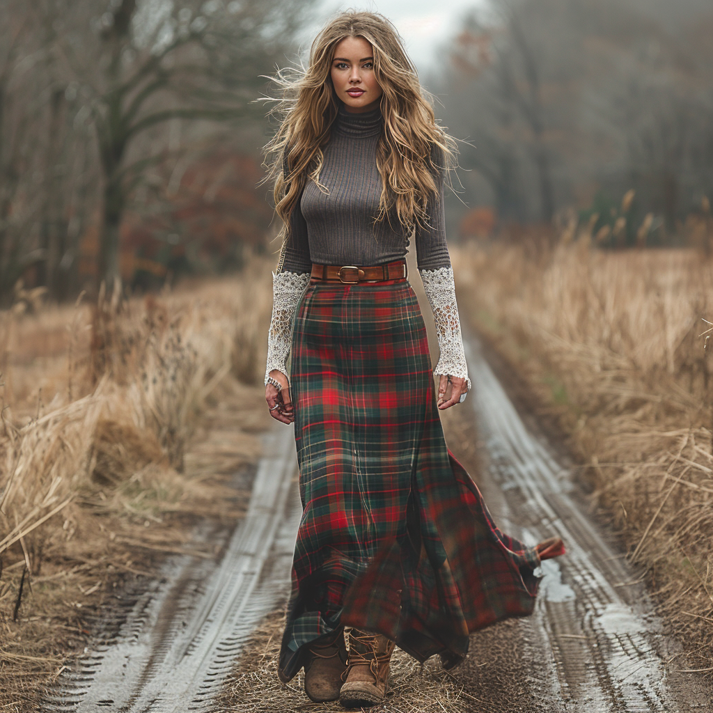 Women's Retro High Neck Long-sleeve Long Skirt Plaid Pastoral Style Maxi Long Dress