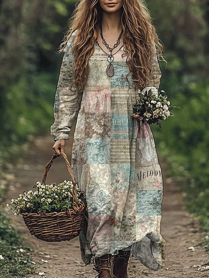 Vintage Patchwork Pattern Printed Women's Pocket Cotton Dress