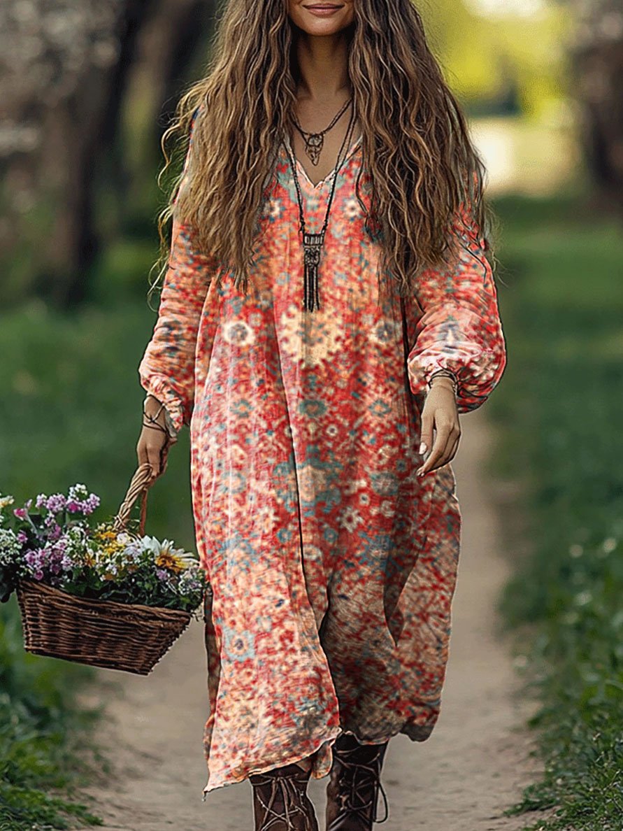 Women's Bohemian Art Print Pocket Cotton V Neck Long Sleeve Dress