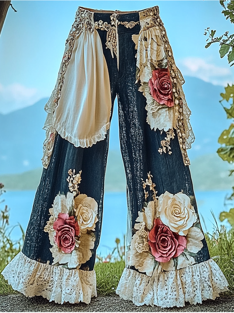 Summer ruffled denim cotton and linen patchwork contrast color pants ae02